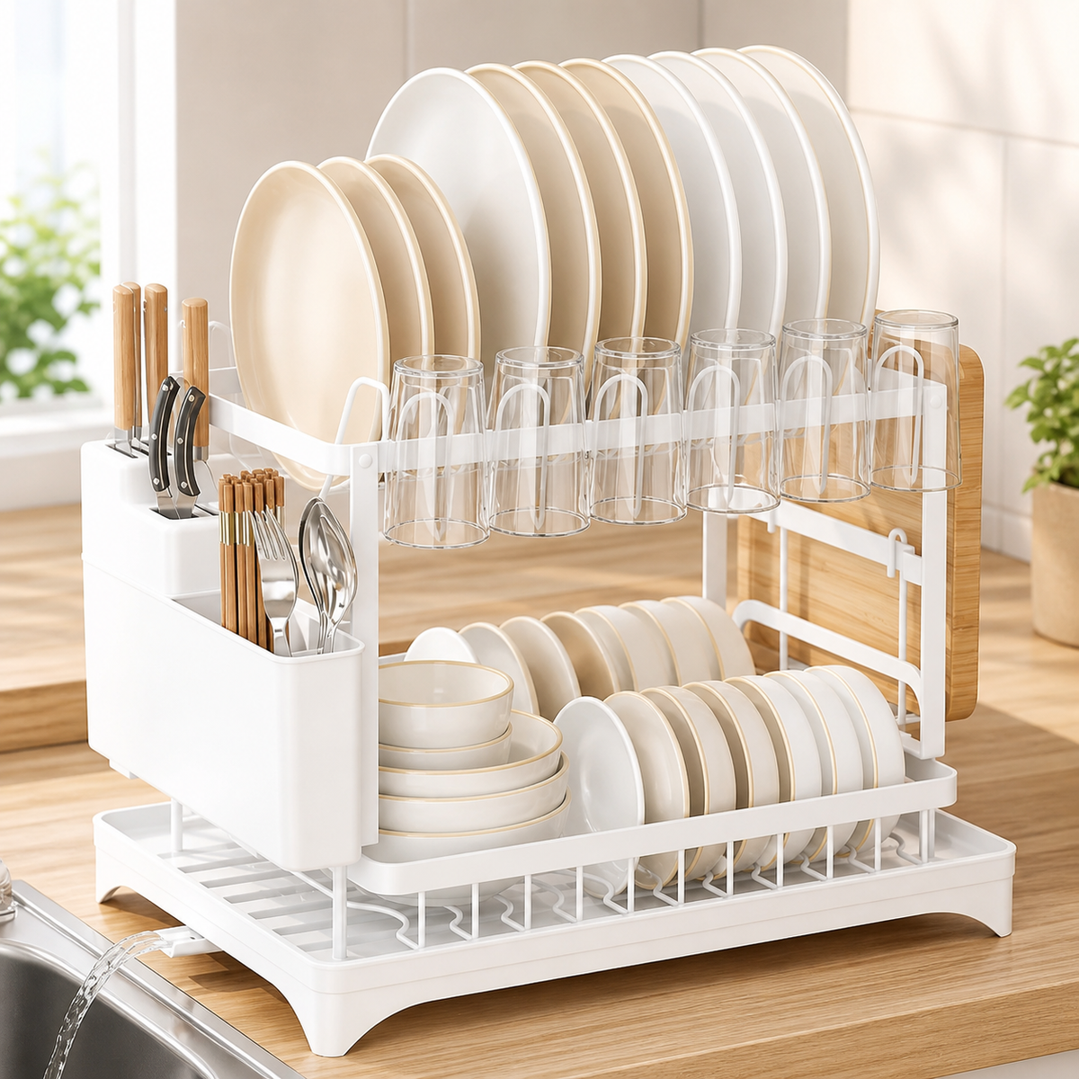 2-Tier Foldable Dish Rack with Drainboard & Utensil Storage