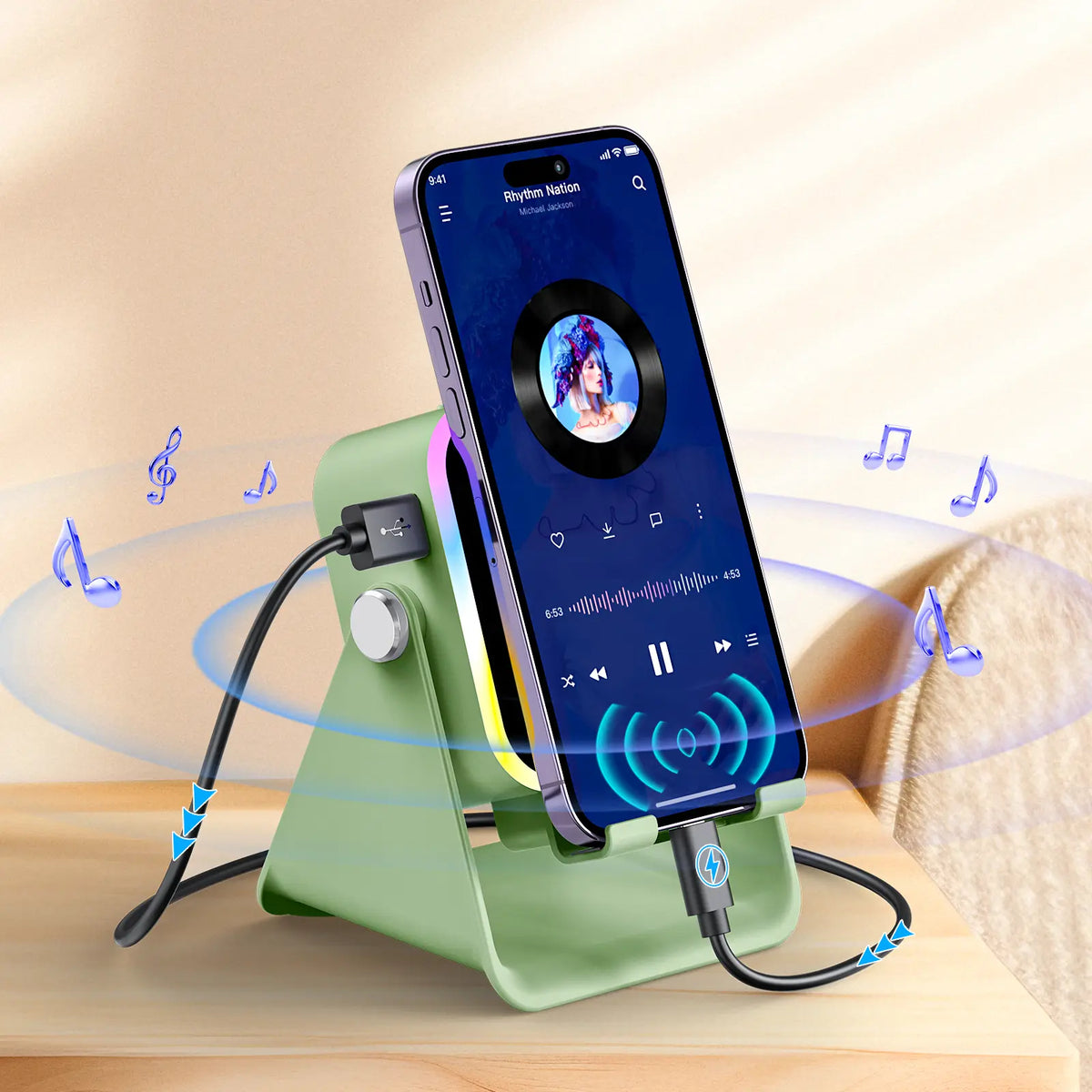 Wireless Charging Induction & Bluetooth Speaker Stand — 3500mAh Battery & RGB Light