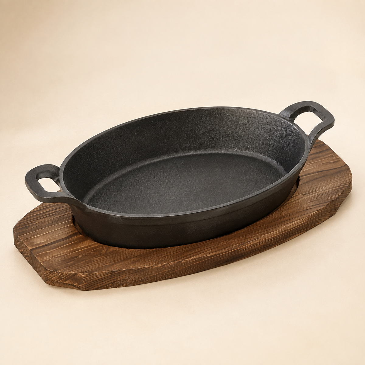 Mini Cast Iron Oval Pan & Wood Tray Serving Sets