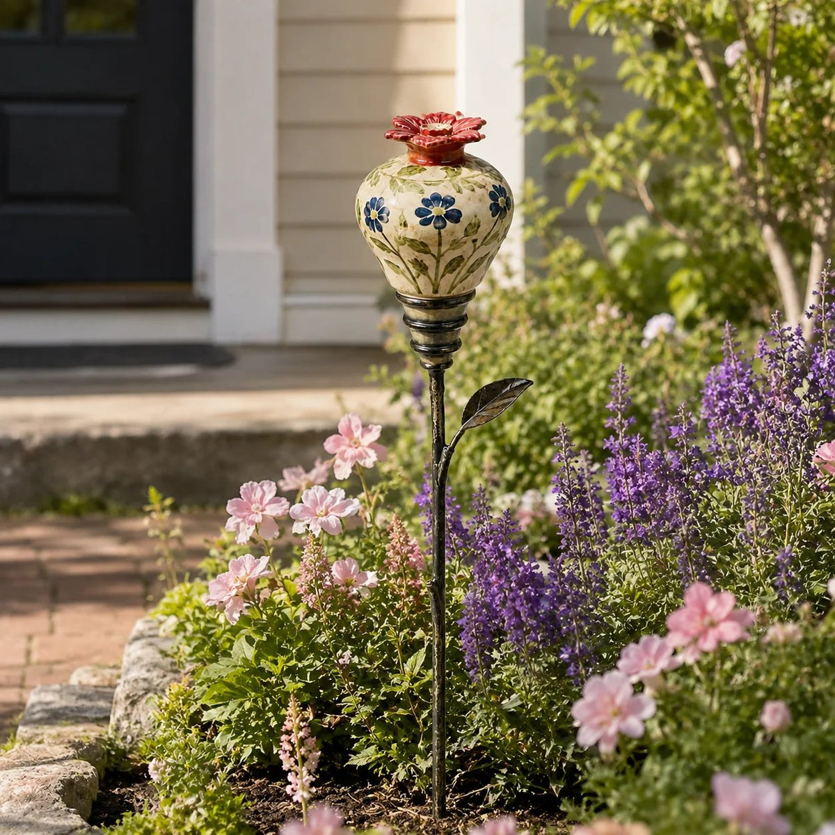 Ceramic Hummingbird Feeder Garden Stake
