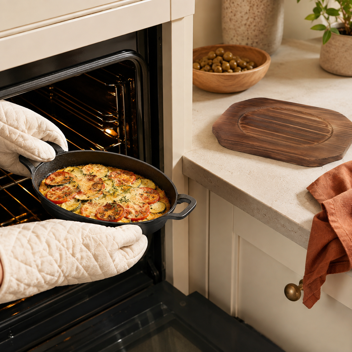 Mini Cast Iron Oval Pan & Wood Tray Serving Sets