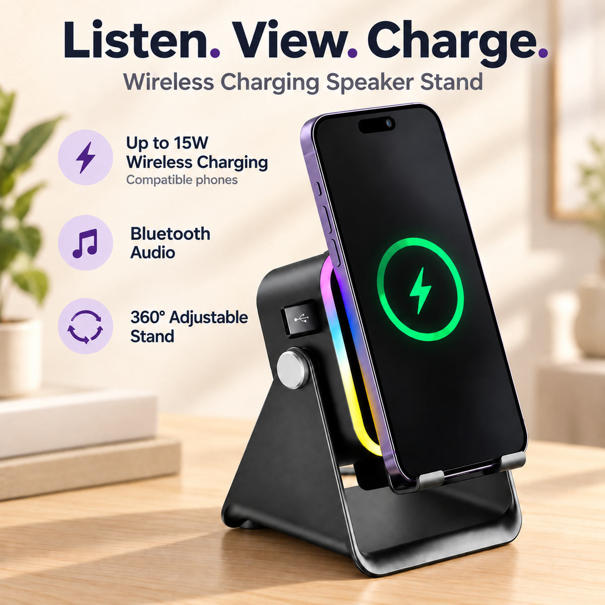 Wireless Charging Induction & Bluetooth Speaker Stand — 3500mAh Battery & RGB Light