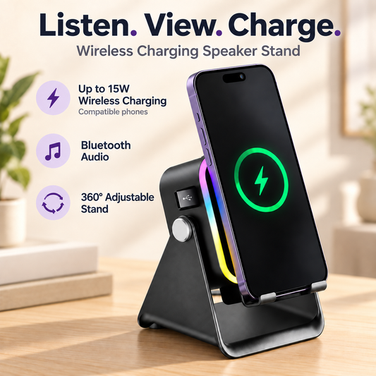 Wireless Charging Induction & Bluetooth Speaker Stand — 3500mAh Battery & RGB Light