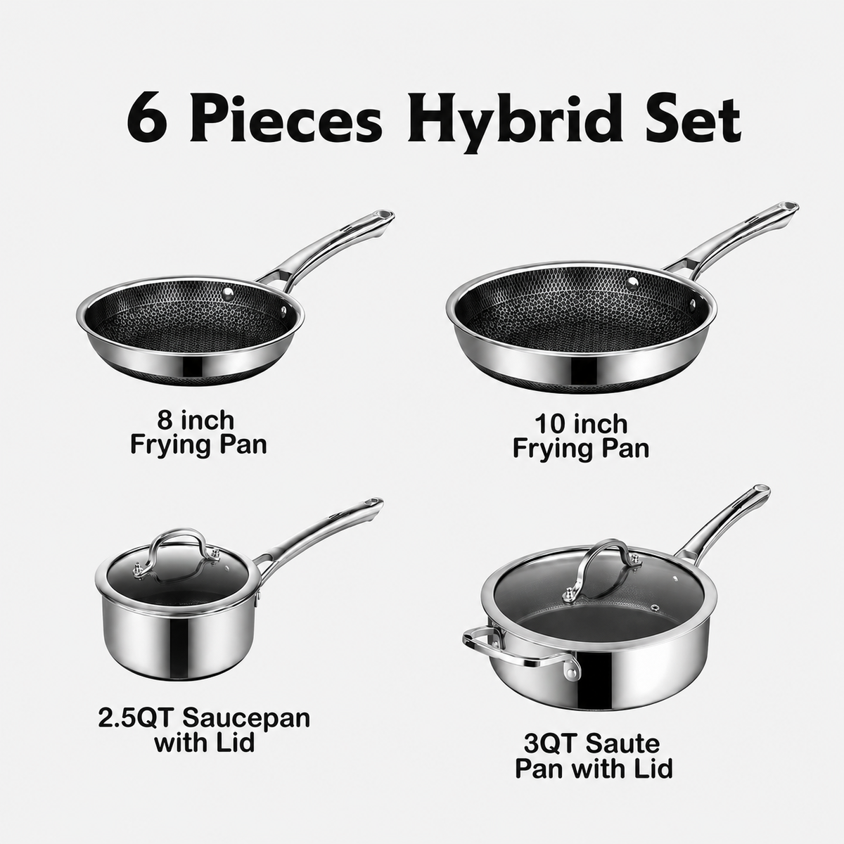 Hybrid Nonstick Stainless Steel Cookware Set — 6, 10 or 14 Pieces