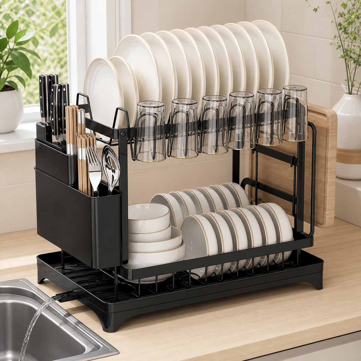 2-Tier Foldable Dish Rack with Drainboard & Utensil Storage