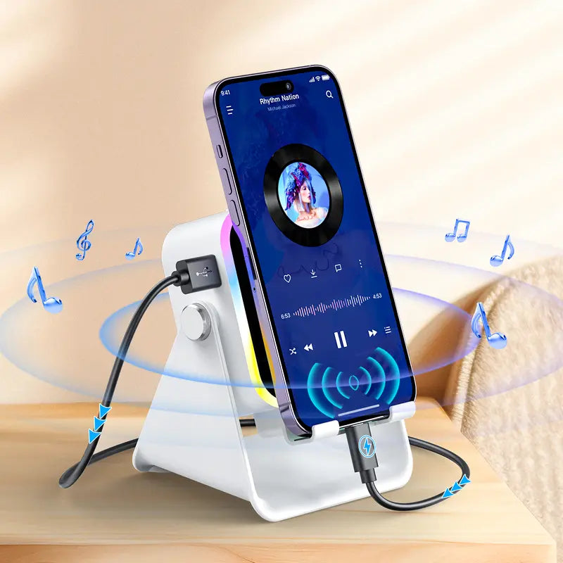 Wireless Charging Induction & Bluetooth Speaker Stand — 3500mAh Battery & RGB Light