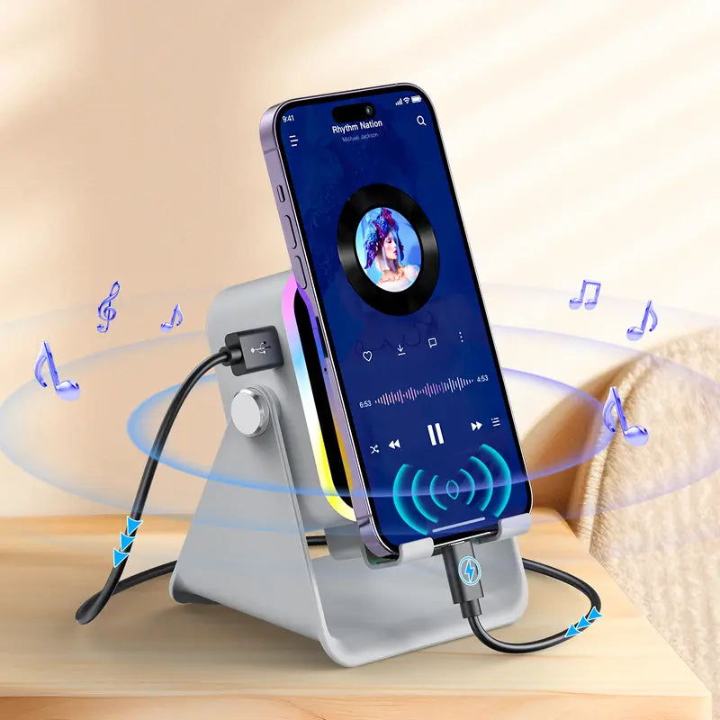 Wireless Charging Induction & Bluetooth Speaker Stand — 3500mAh Battery & RGB Light