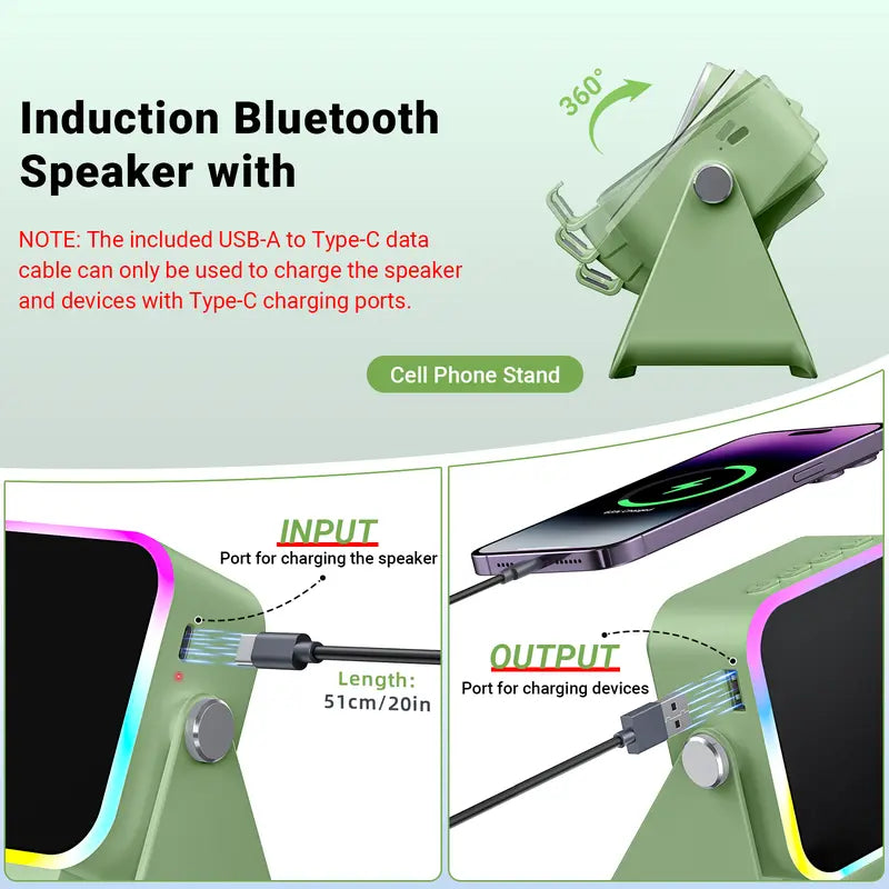 Wireless Charging Induction & Bluetooth Speaker Stand — 3500mAh Battery & RGB Light