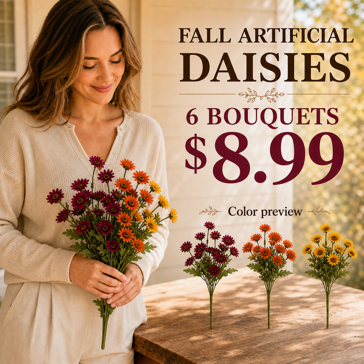 Autumn Artificial Daisy Bouquets — 6 to 36 Stems