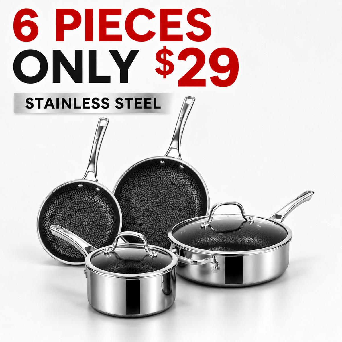 Hybrid Nonstick Stainless Steel Cookware Set — 6, 10 or 14 Pieces