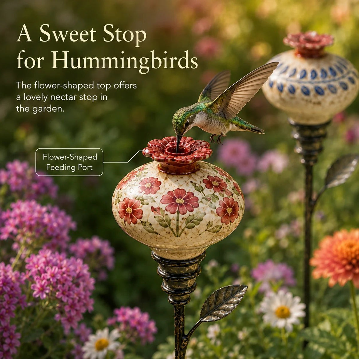 Ceramic Hummingbird Feeder Garden Stake
