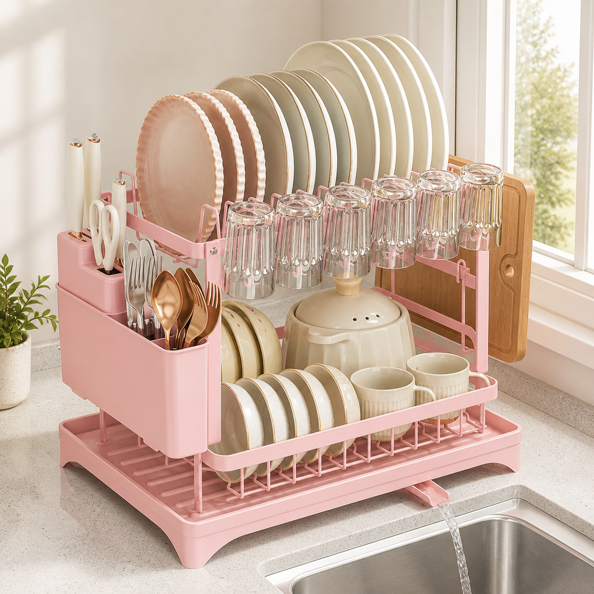 2-Tier Foldable Dish Rack with Drainboard & Utensil Storage
