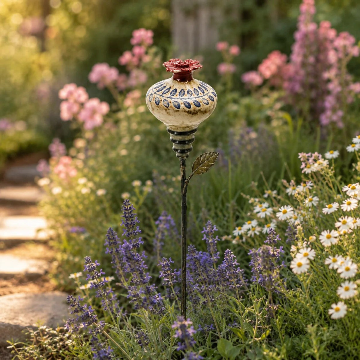 Ceramic Hummingbird Feeder Garden Stake