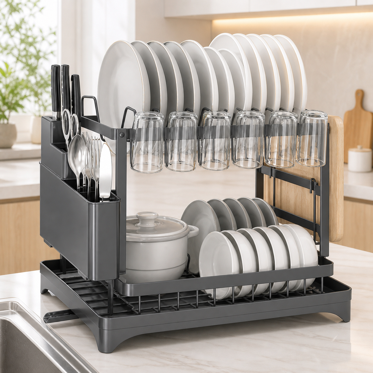 2-Tier Foldable Dish Rack with Drainboard & Utensil Storage