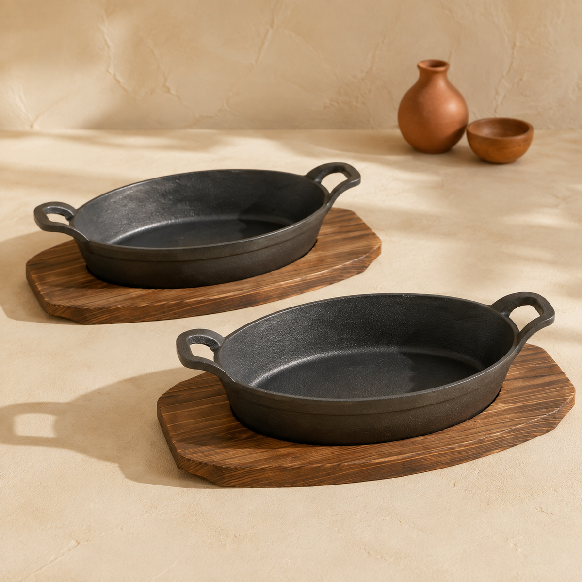 Mini Cast Iron Oval Pan & Wood Tray Serving Sets
