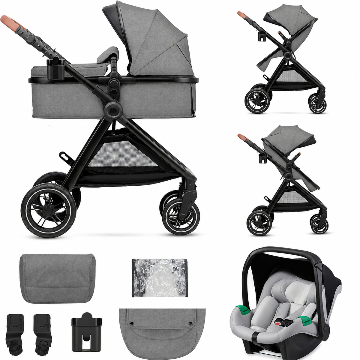 3-in-1 Travel System Baby Stroller – Newborn to 4 Years – Foldable Baby Pushchair with Infant Car Seat & Carrycot