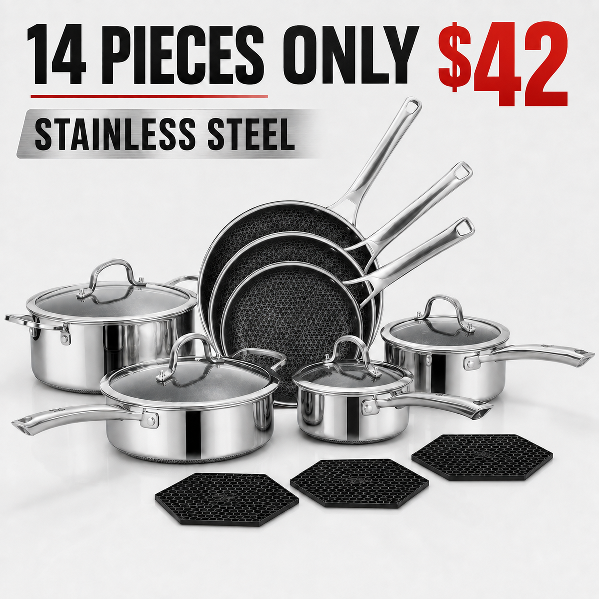 Hybrid Nonstick Stainless Steel Cookware Set — 6, 10 or 14 Pieces