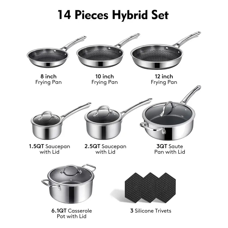 Hybrid Nonstick Stainless Steel Cookware Set — 6, 10 or 14 Pieces