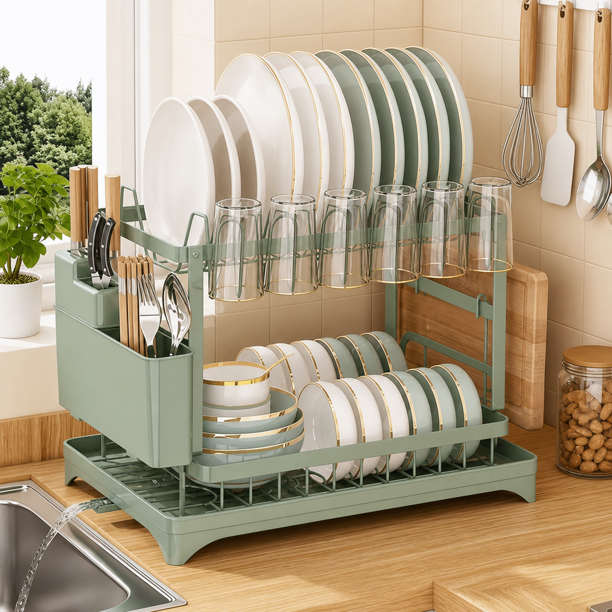 2-Tier Foldable Dish Rack with Drainboard & Utensil Storage