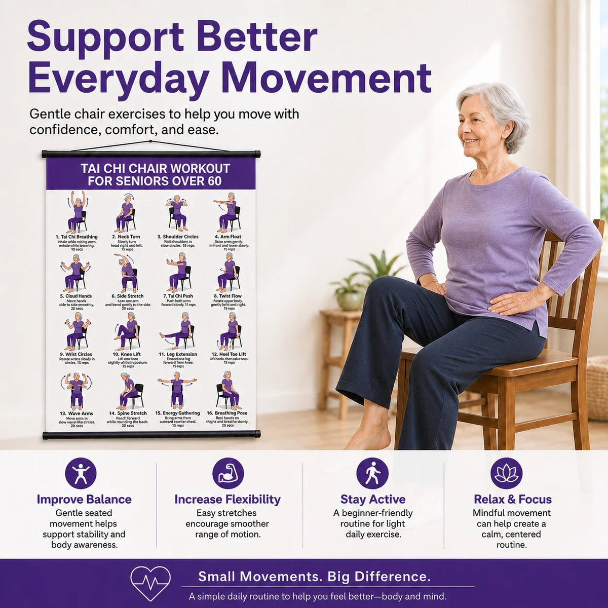 Chair Tai Chi Workout Chart — 16 × 24 Inches