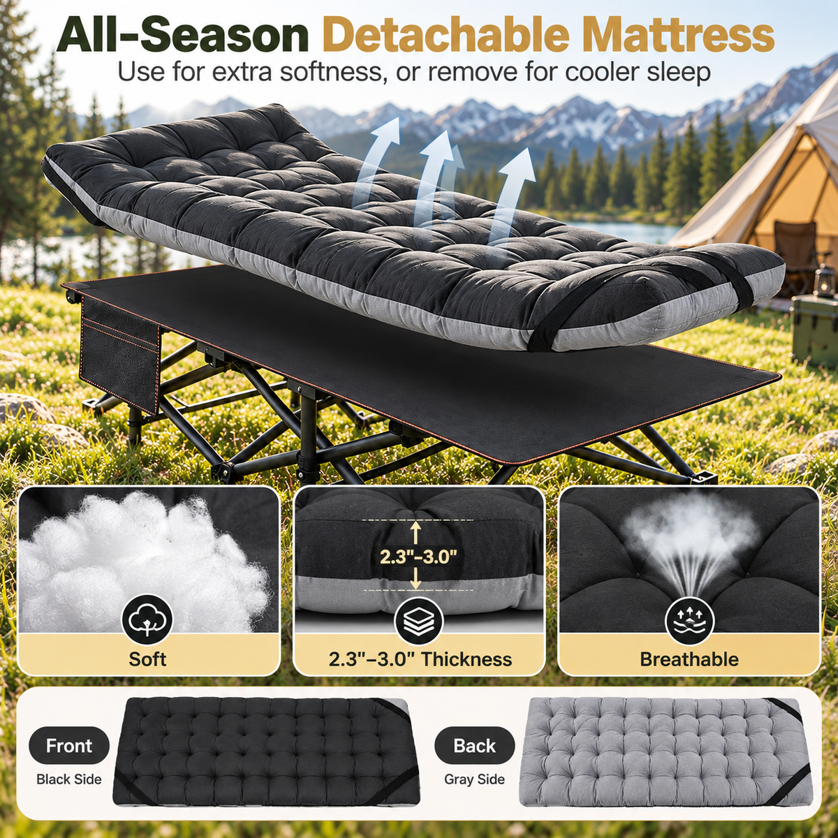 XXL Folding Camping Cot with 3.3" Mattress – Extra-Wide Portable Bed for Camping, Travel & Guests