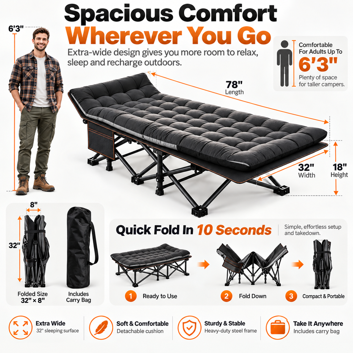XXL Folding Camping Cot with 3.3" Mattress – Extra-Wide Portable Bed for Camping, Travel & Guests