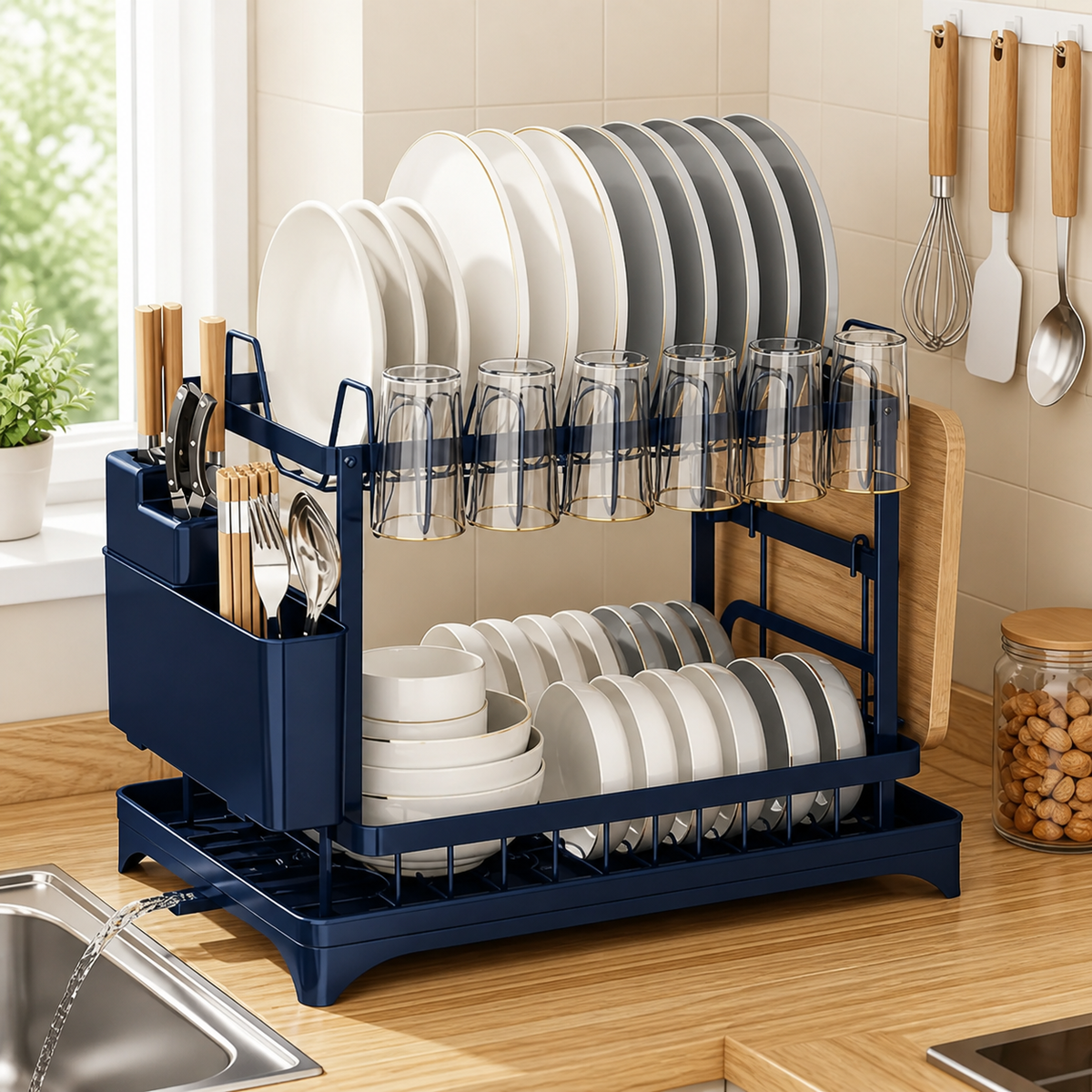 2-Tier Foldable Dish Rack with Drainboard & Utensil Storage