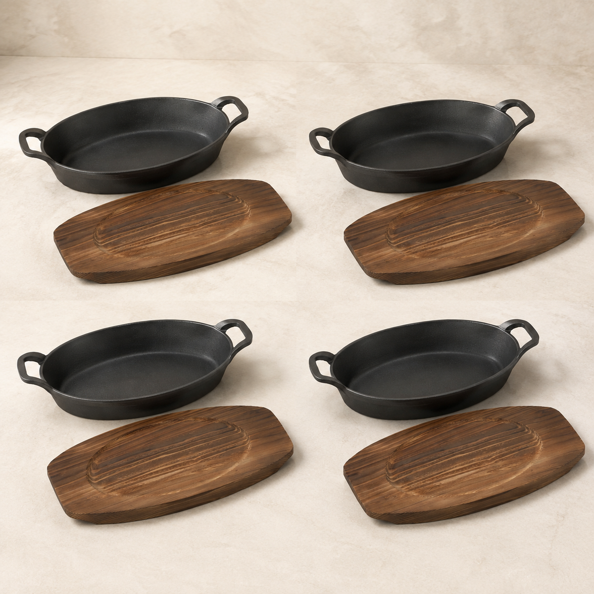 Mini Cast Iron Oval Pan & Wood Tray Serving Sets