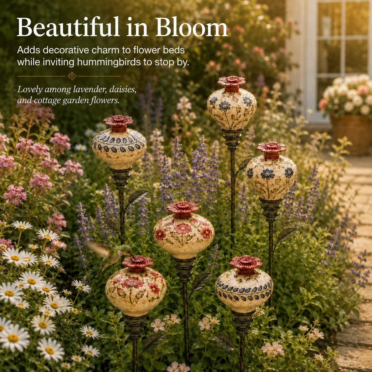 Ceramic Hummingbird Feeder Garden Stake