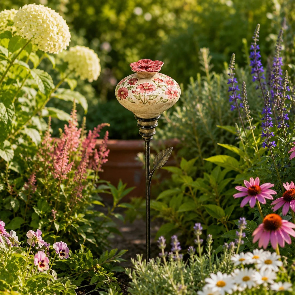 Ceramic Hummingbird Feeder Garden Stake