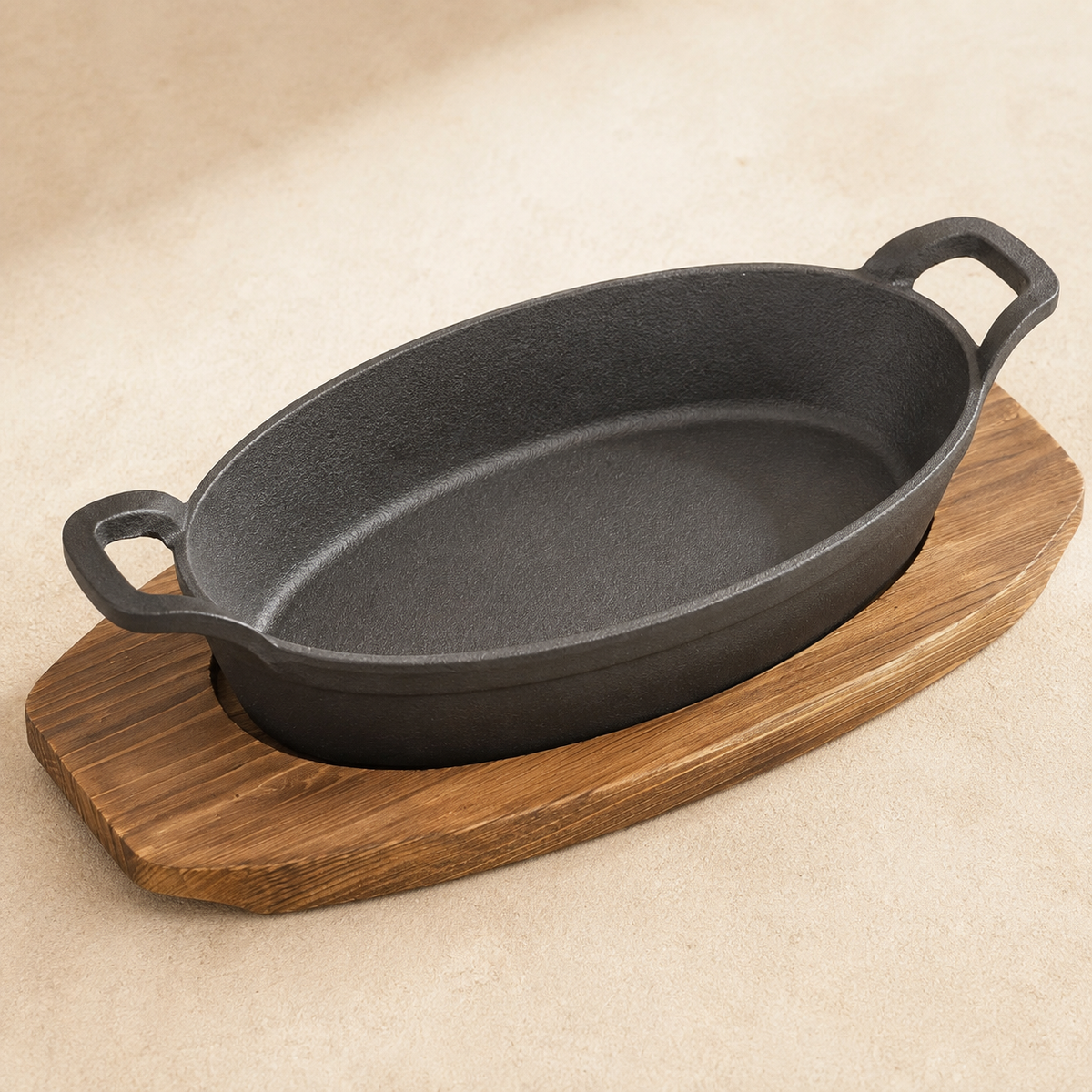 Mini Cast Iron Oval Pan & Wood Tray Serving Sets