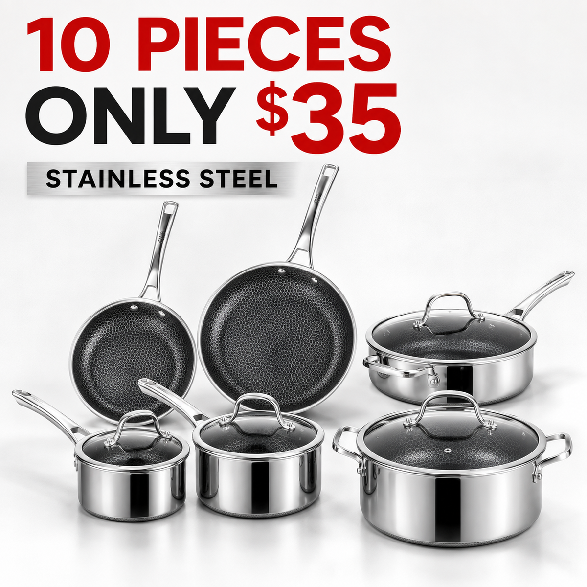 Hybrid Nonstick Stainless Steel Cookware Set — 6, 10 or 14 Pieces