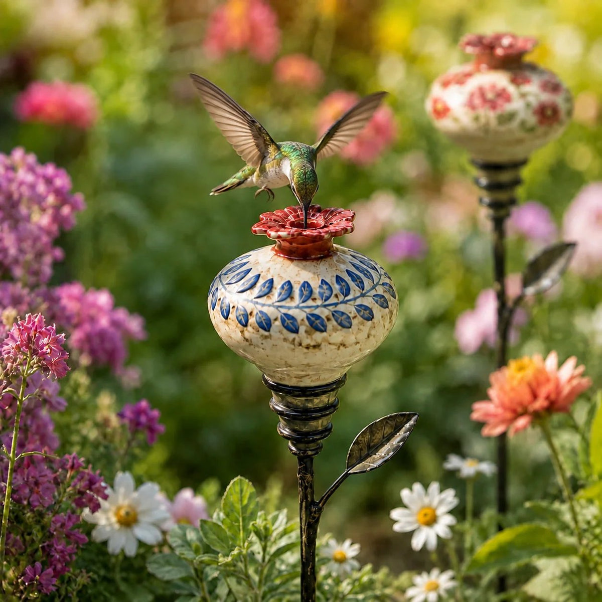 Ceramic Hummingbird Feeder Garden Stake