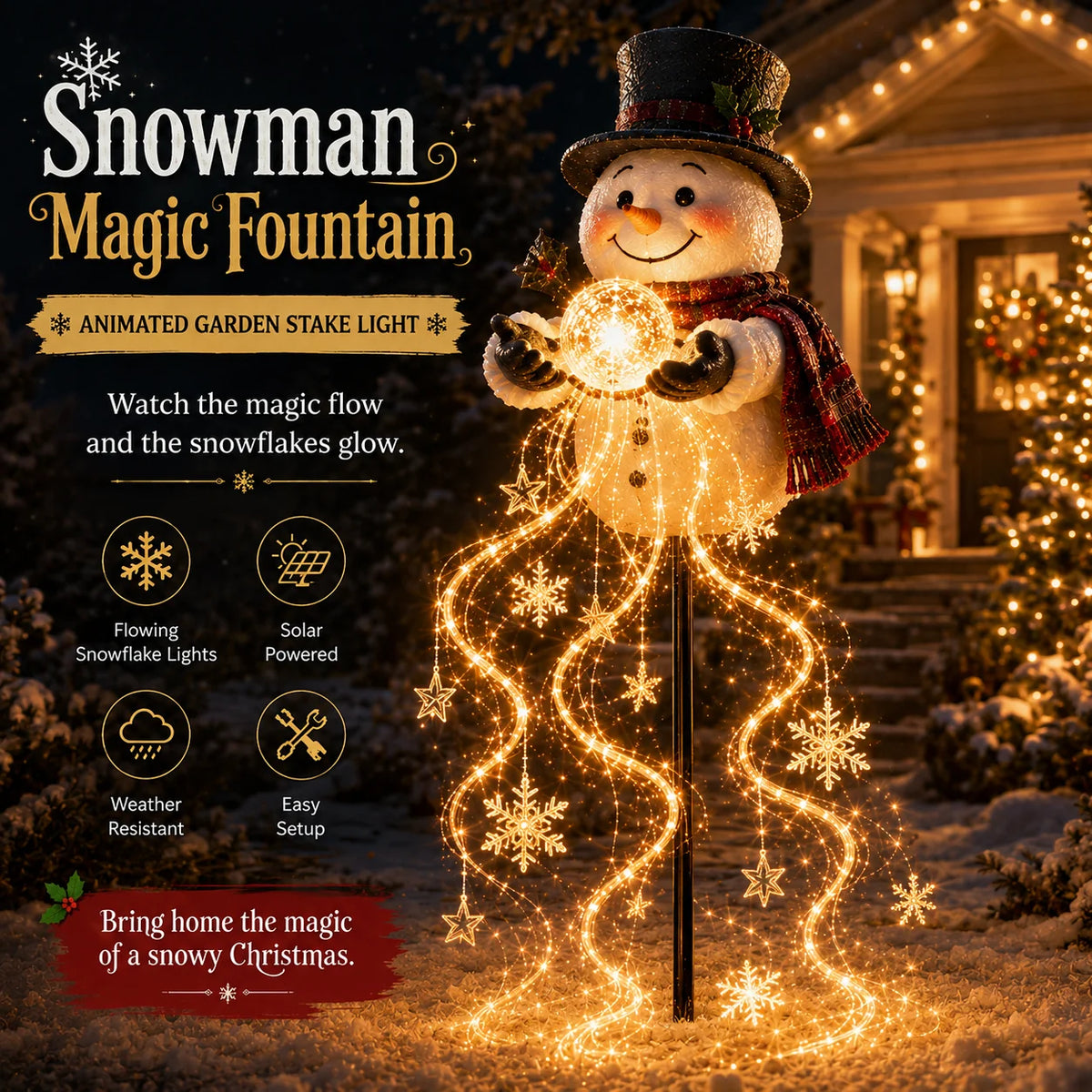 Snowman Magic Fountain – Flowing Snowflake LED Christmas Garden Light