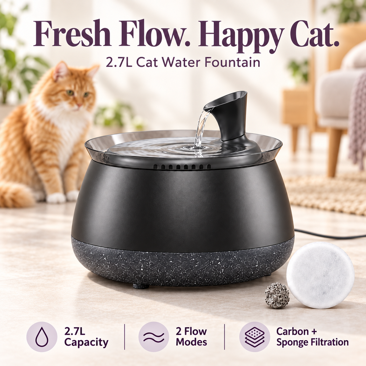 2.7L Cat Water Fountain — Quiet Filtered Flow & Easy-Clean Design