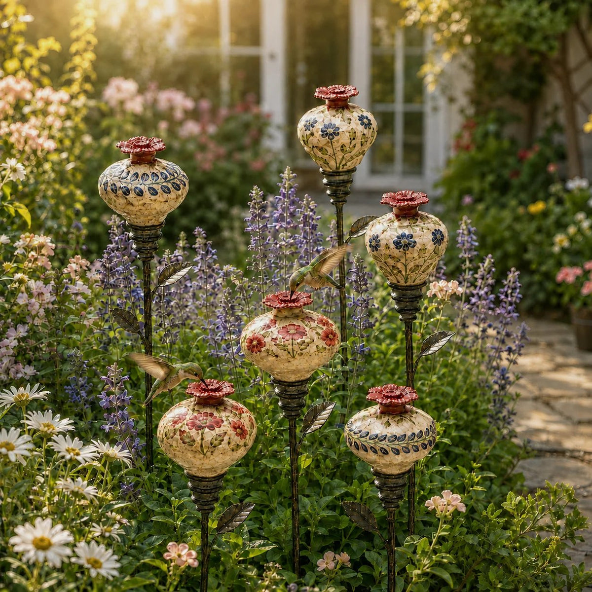 Ceramic Hummingbird Feeder Garden Stake