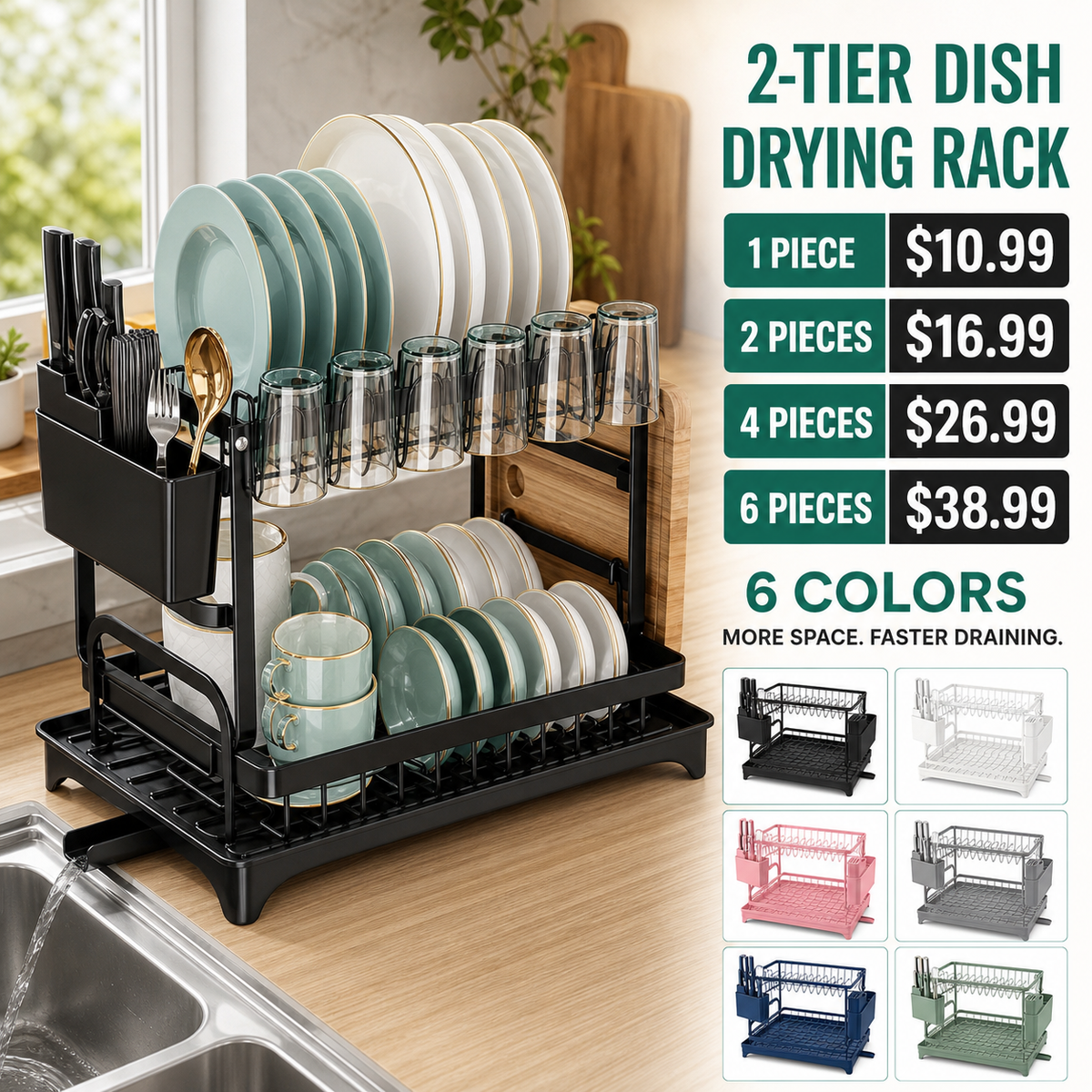 2-Tier Foldable Dish Rack with Drainboard & Utensil Storage