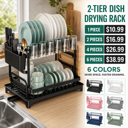 2-Tier Foldable Dish Rack with Drainboard & Utensil Storage