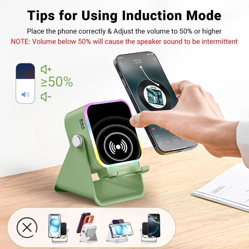 Wireless Charging Induction & Bluetooth Speaker Stand — 3500mAh Battery & RGB Light