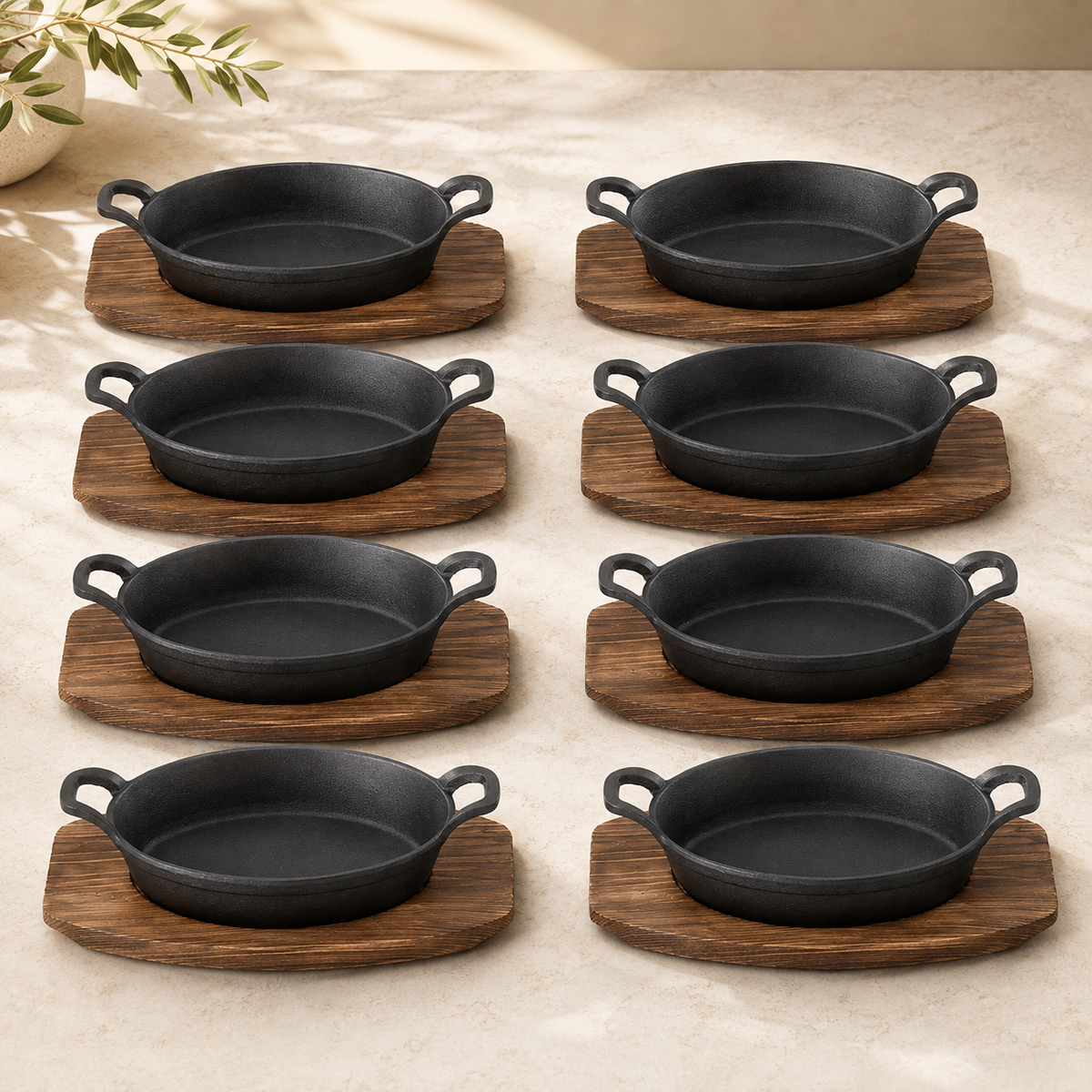 Mini Cast Iron Oval Pan & Wood Tray Serving Sets