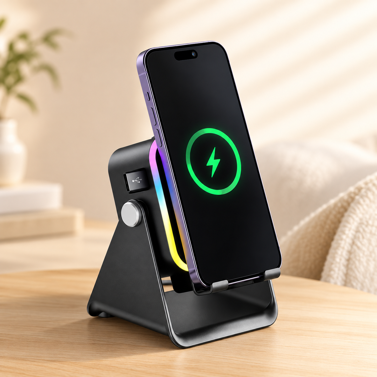 Wireless Charging Induction & Bluetooth Speaker Stand — 3500mAh Battery & RGB Light