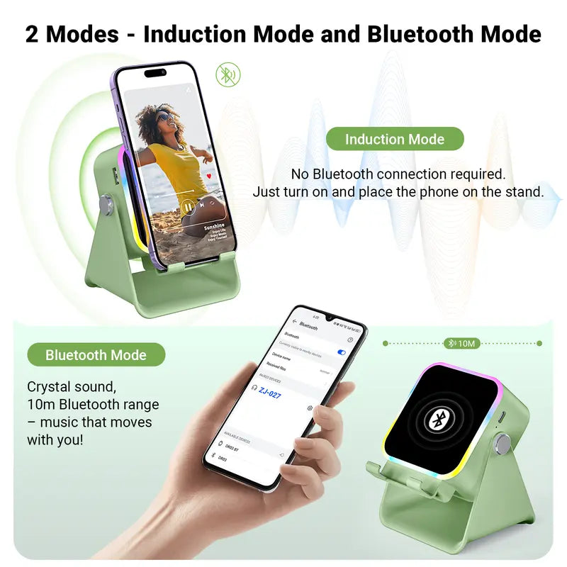 Wireless Charging Induction & Bluetooth Speaker Stand — 3500mAh Battery & RGB Light