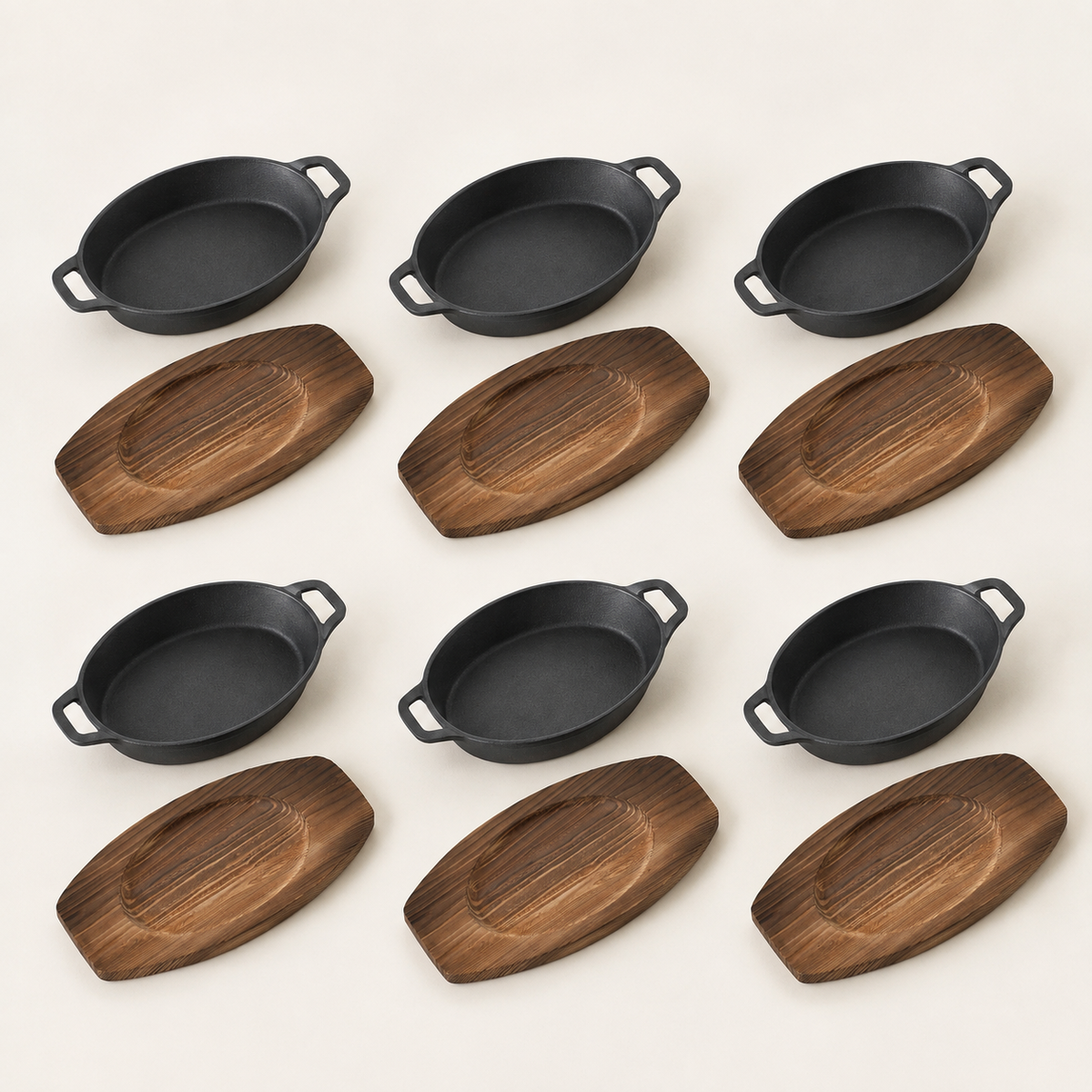 Mini Cast Iron Oval Pan & Wood Tray Serving Sets