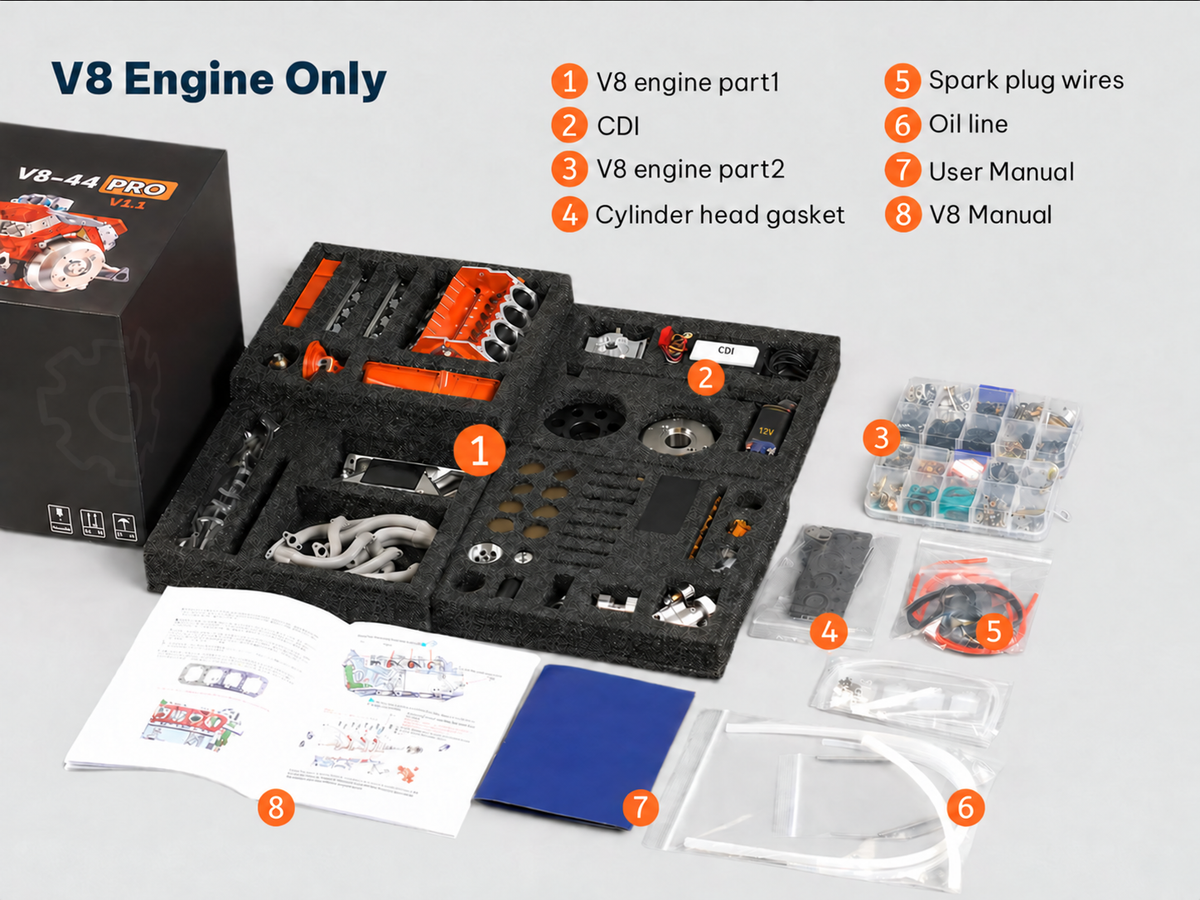 1/6 Scale 44cc OHV V8 Gasoline Engine Model Kit — Water-Cooled, 4-Stroke