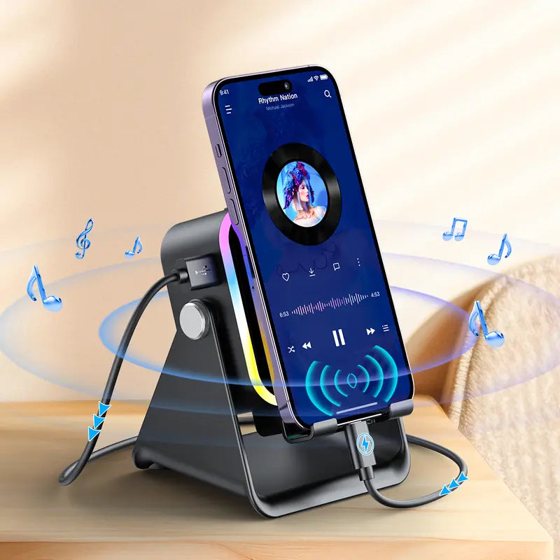 Wireless Charging Induction & Bluetooth Speaker Stand — 3500mAh Battery & RGB Light